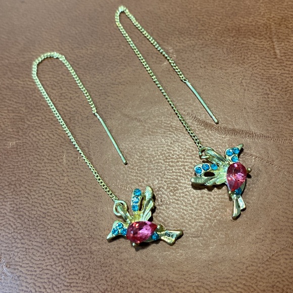 Long Ganging Cardinal Creative Exquisite Hummingbird Threader Gold Earrings - Picture 4 of 6